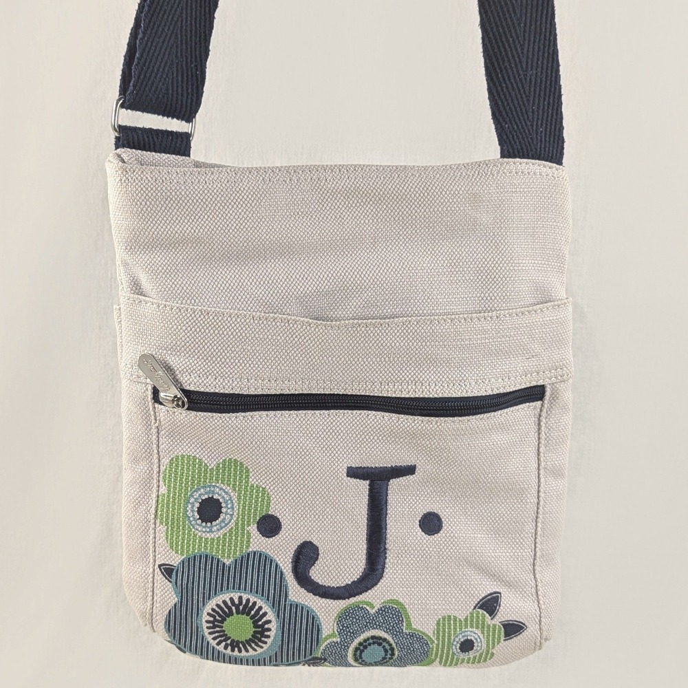 Thirty-One Canvas Crossbody Bag Monogram J Floral Oatmeal Navy Blue 10.5x9